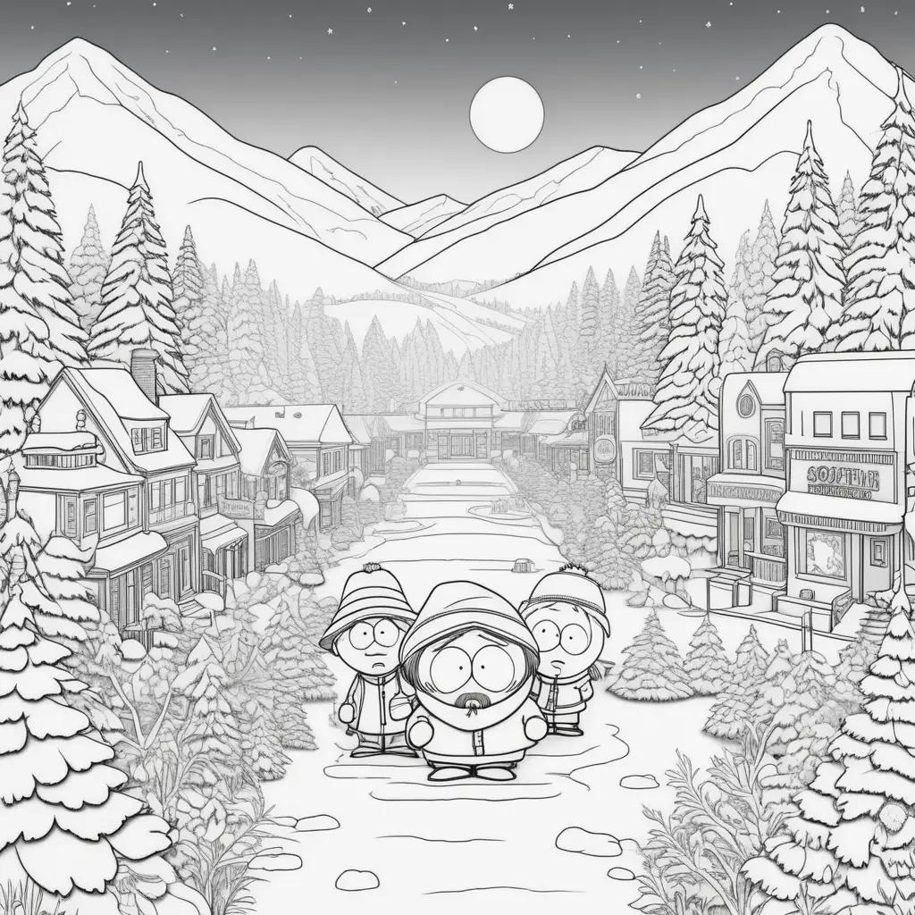 Colorful South Park coloring pages with snowy town scene