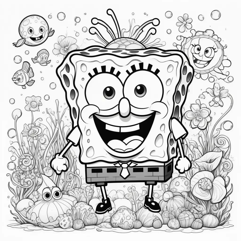 Colorful Spongebob Coloring Pages with Fish and Flowers