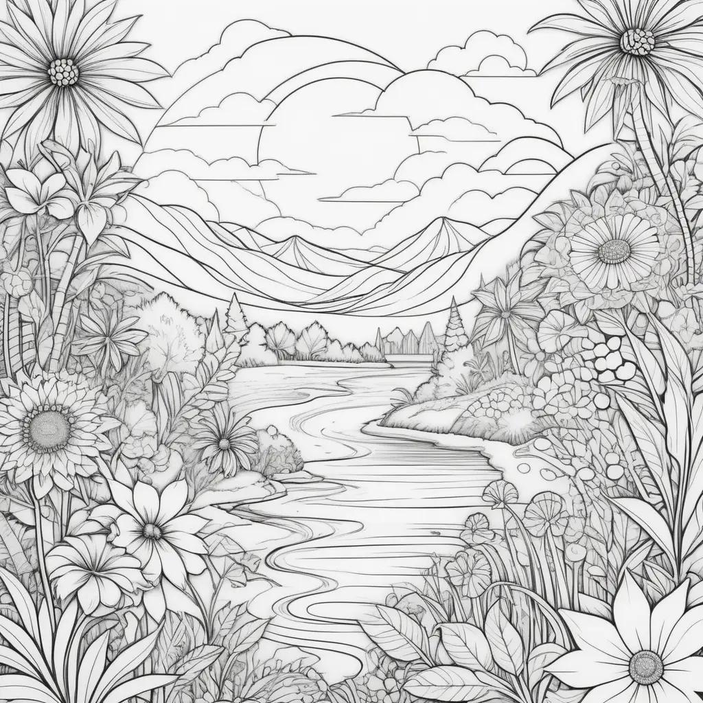 Colorful Summer Coloring Page with Trees and Flowers