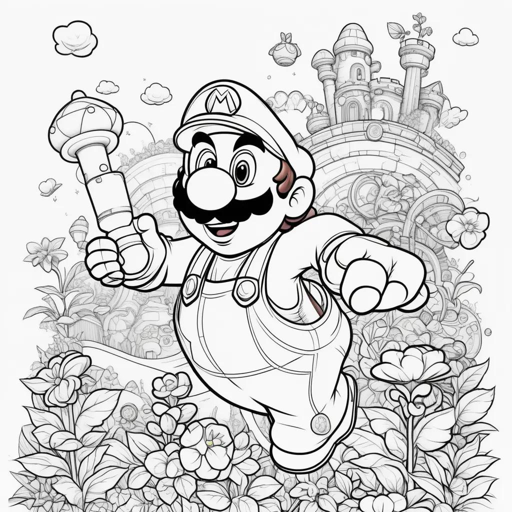 Colorful Super Mario coloring pages with flowers