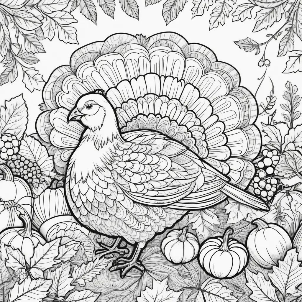 Colorful Thanksgiving coloring pages with turkey, pumpkin, grapes and leaves