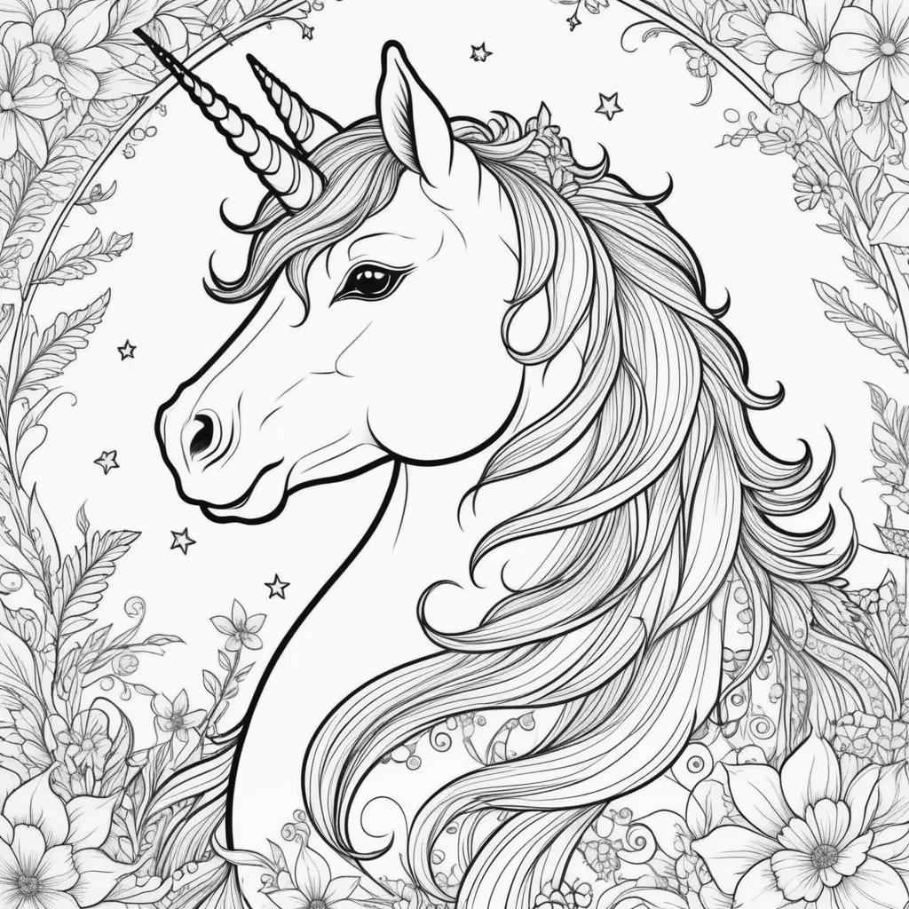 Colorful Unicorn Coloring Page with Flowers and Stars