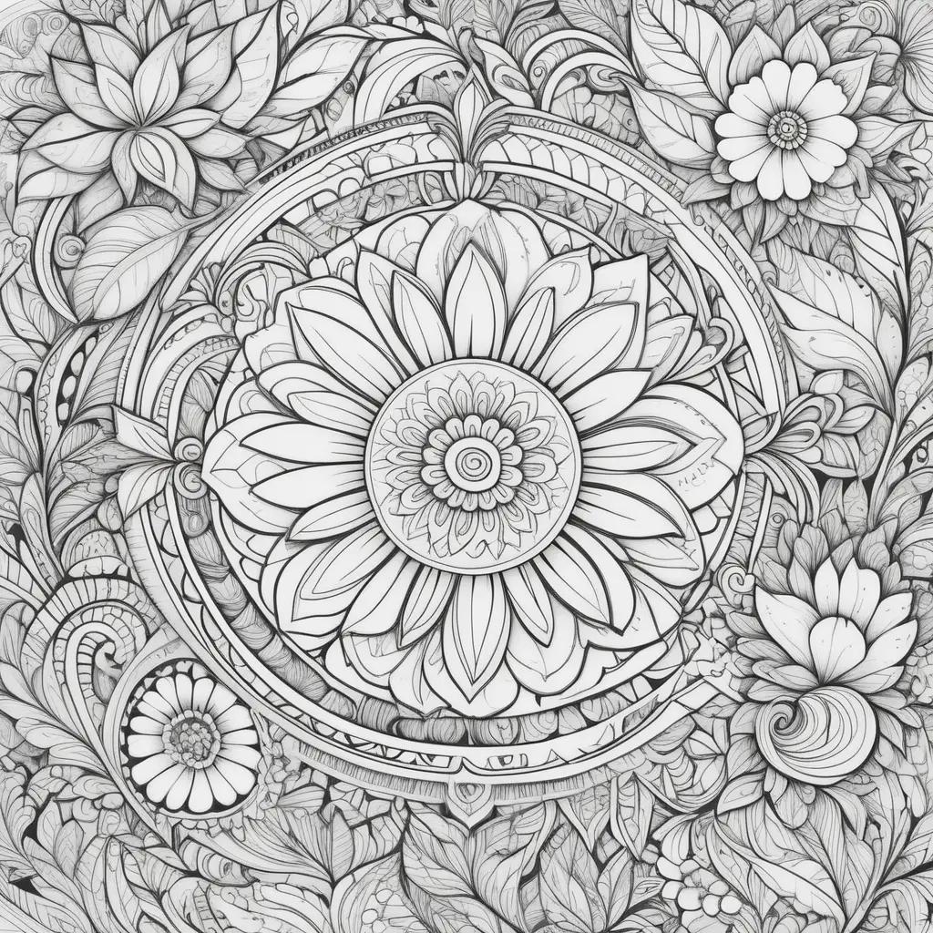 Colorful adult coloring page with flowers and leaves