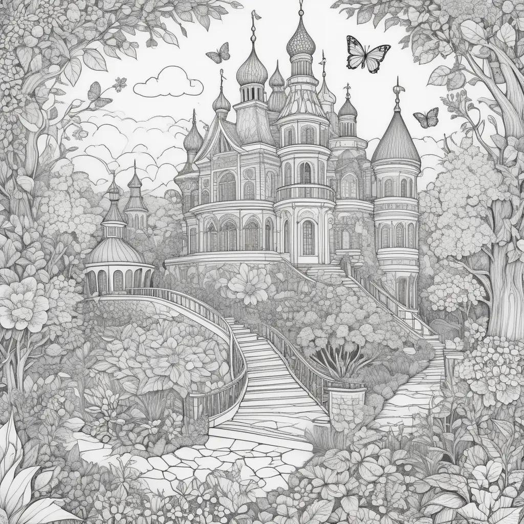 Colorful adult coloring pages of a castle and garden