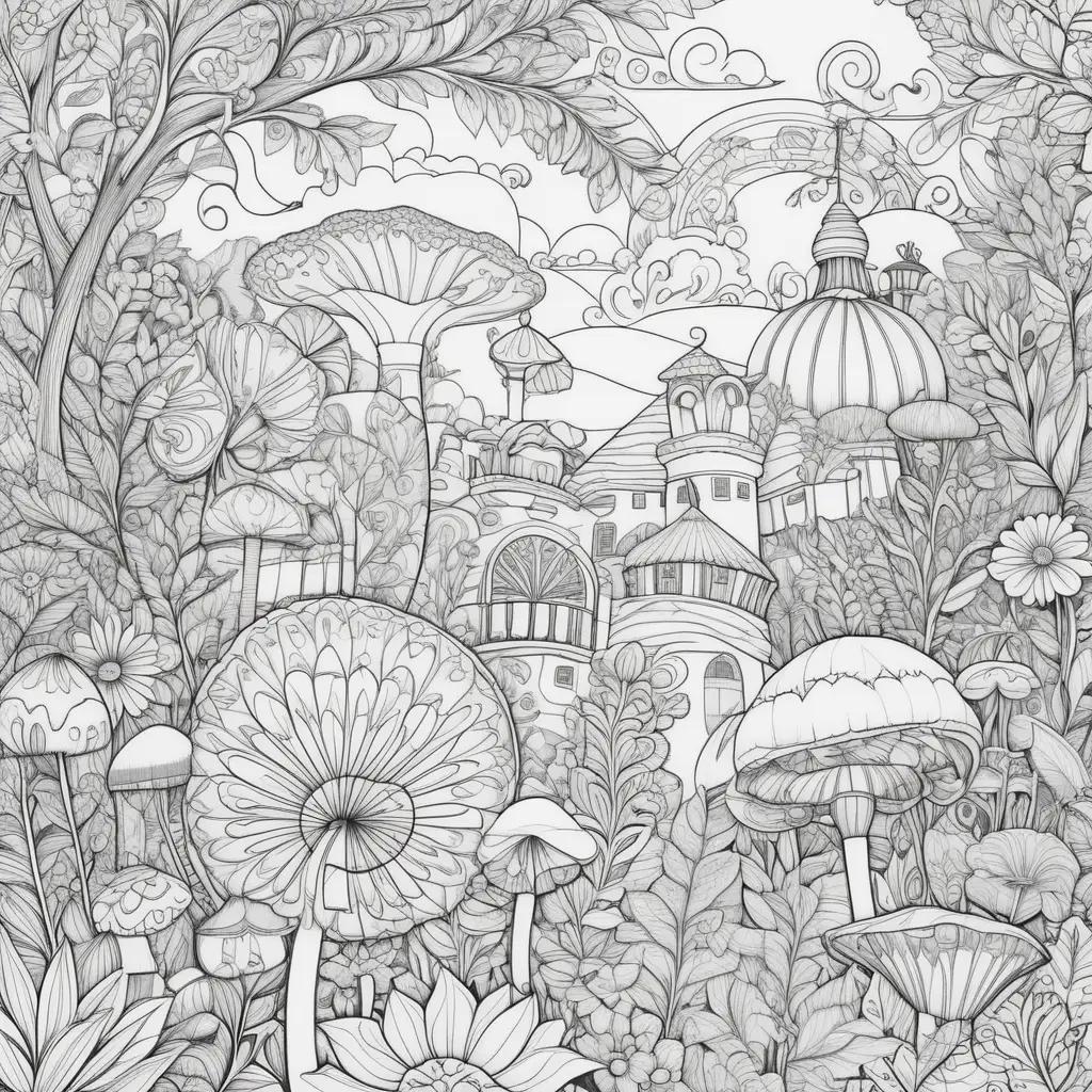 Colorful adult coloring pages of funny mushrooms and castles