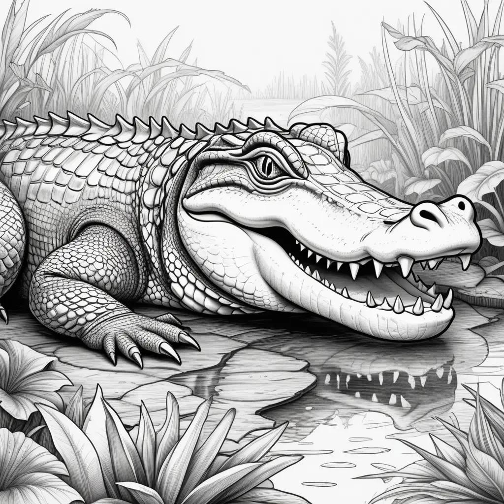 Colorful alligator in a jungle scene with green grass and flowers