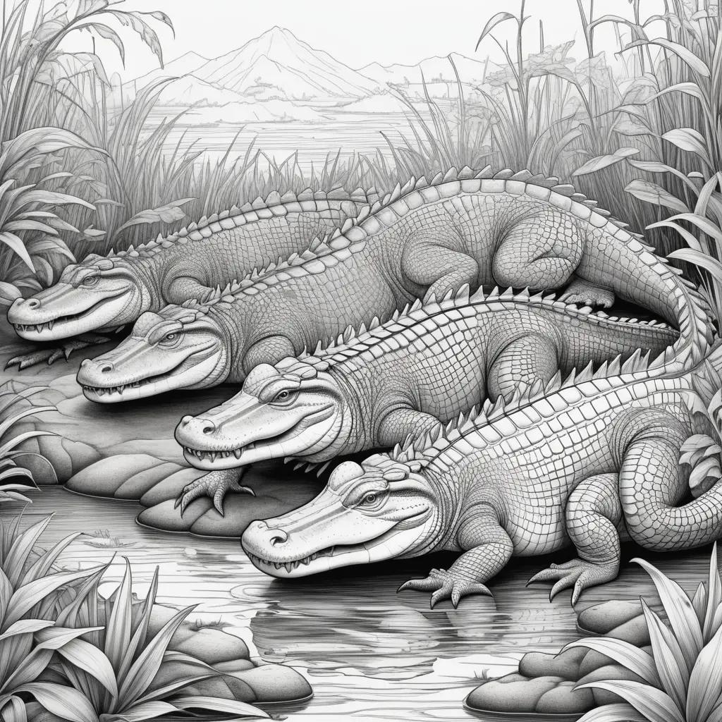 Colorful alligators on a black and white coloring page