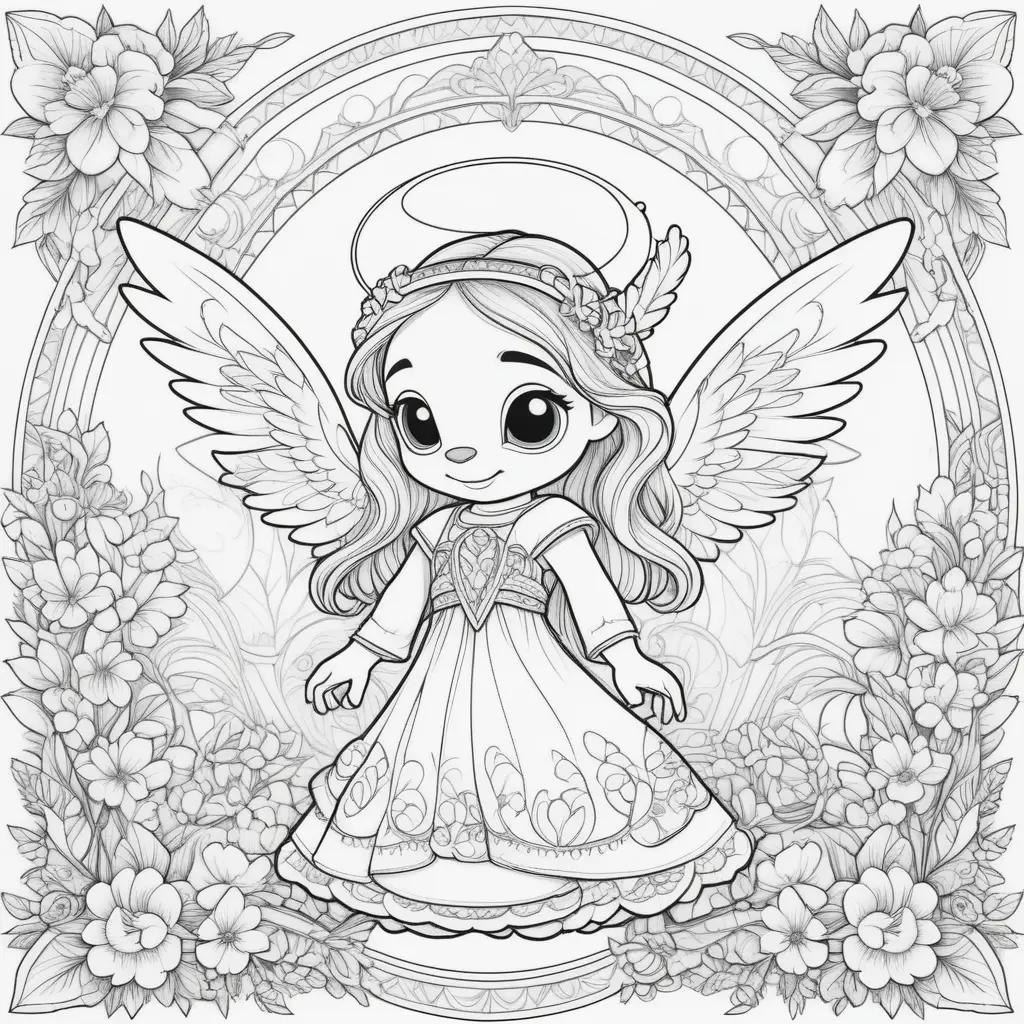 Colorful angel coloring page with stitches and wings