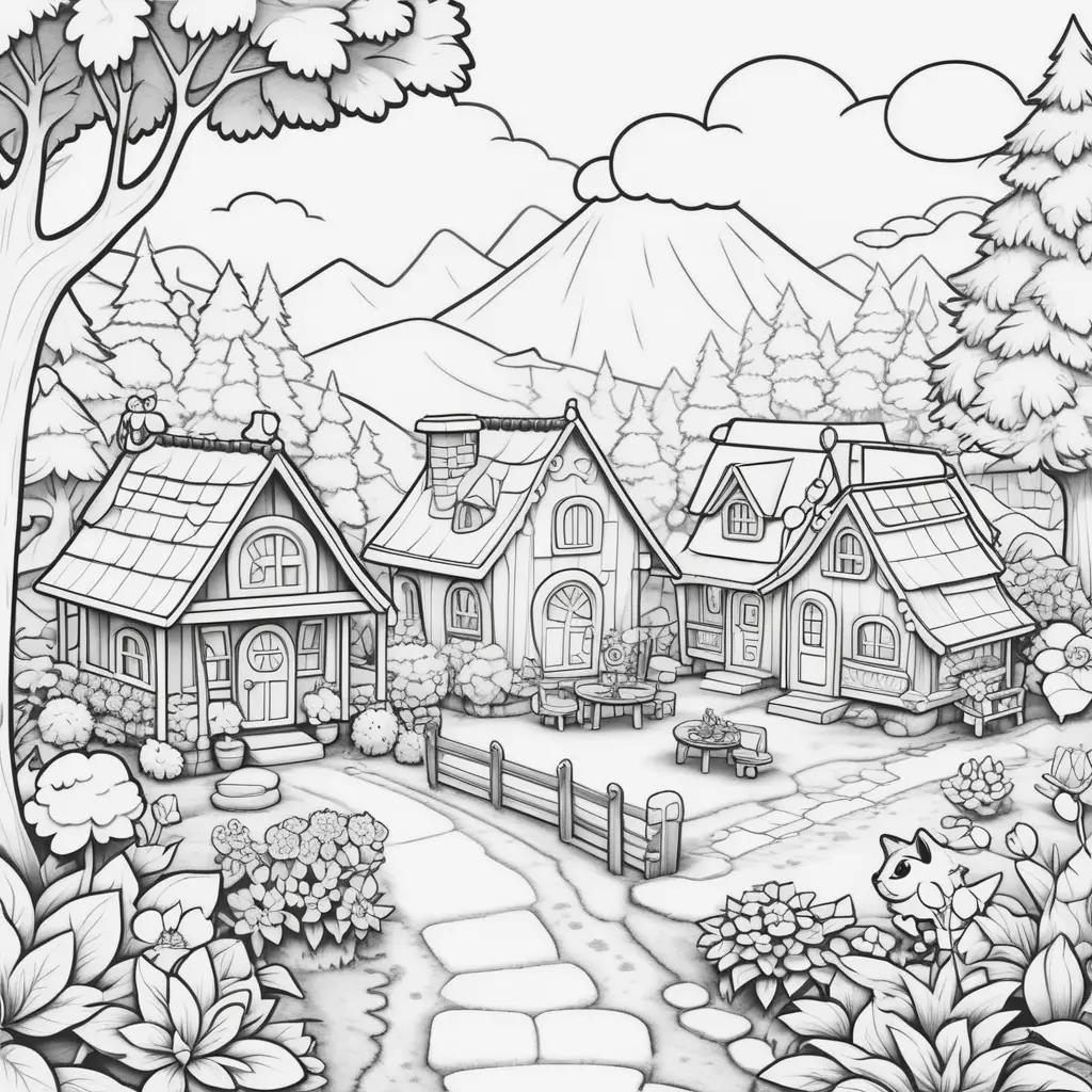 Colorful animal crossing village scene with trees and mountains