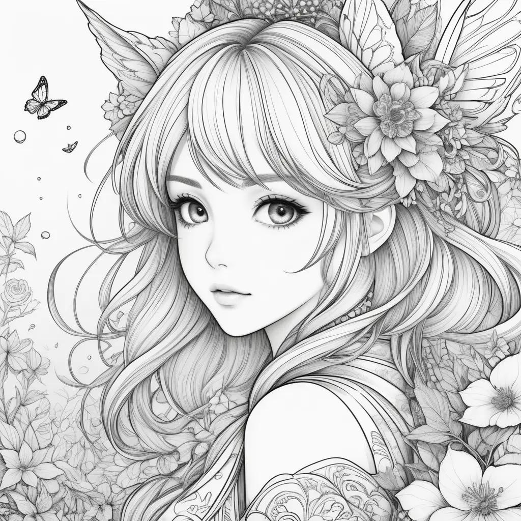 Colorful anime girl with flowers in black and white