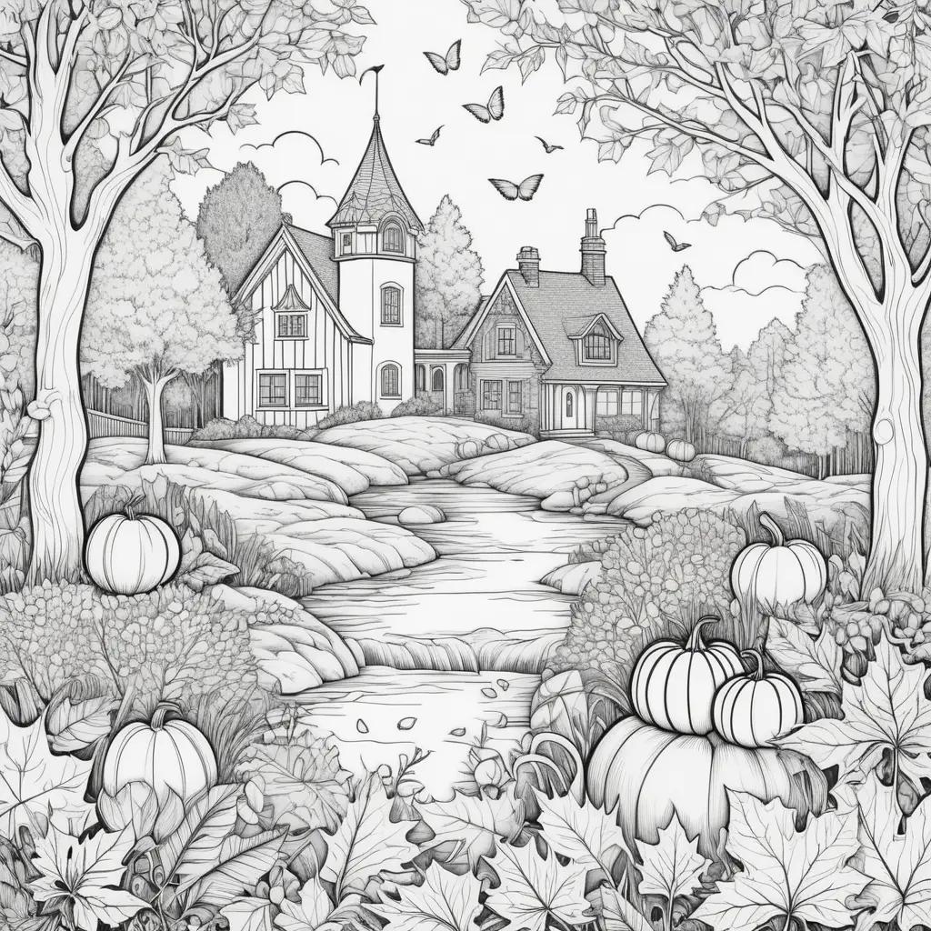 Colorful autumn landscape with trees, pumpkins, and a house