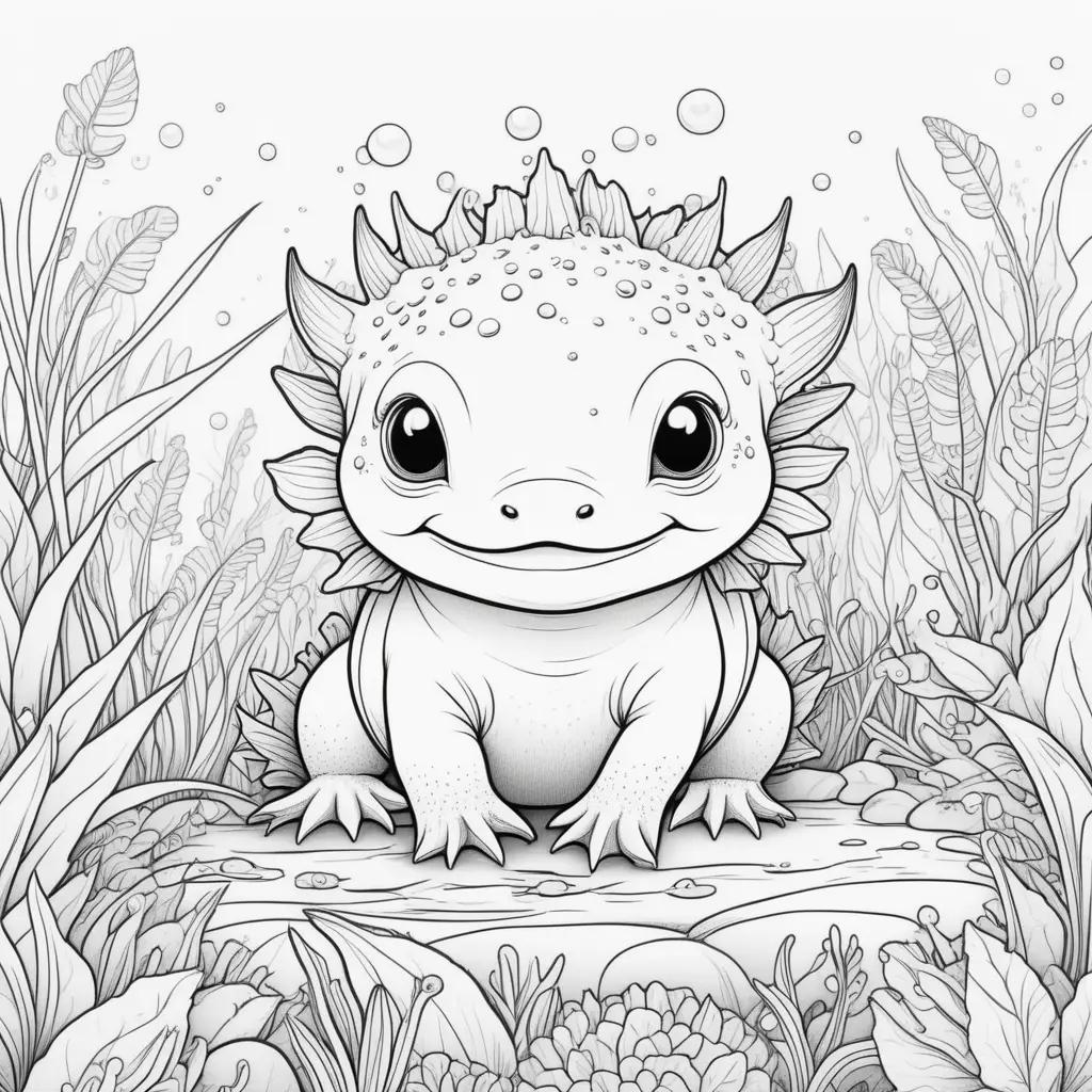 Colorful axolotl sitting in a forest with bubbles