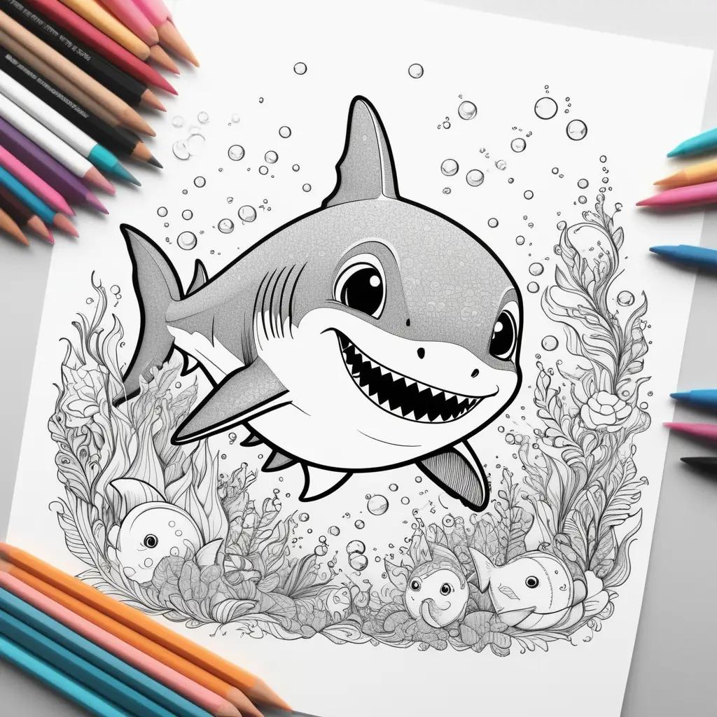 Colorful baby shark and fish coloring pages with bubbles