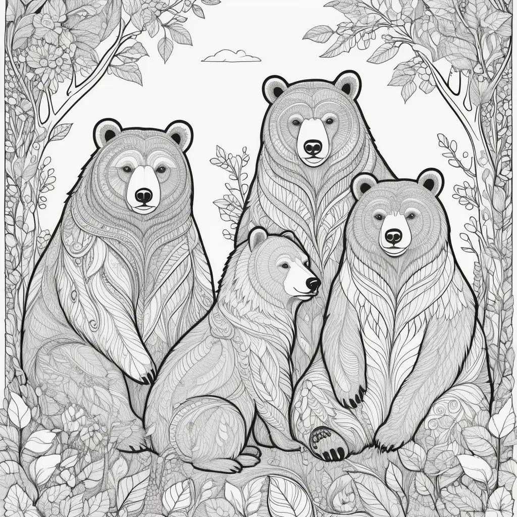 塗り絵のページの森のカラフルなクマ