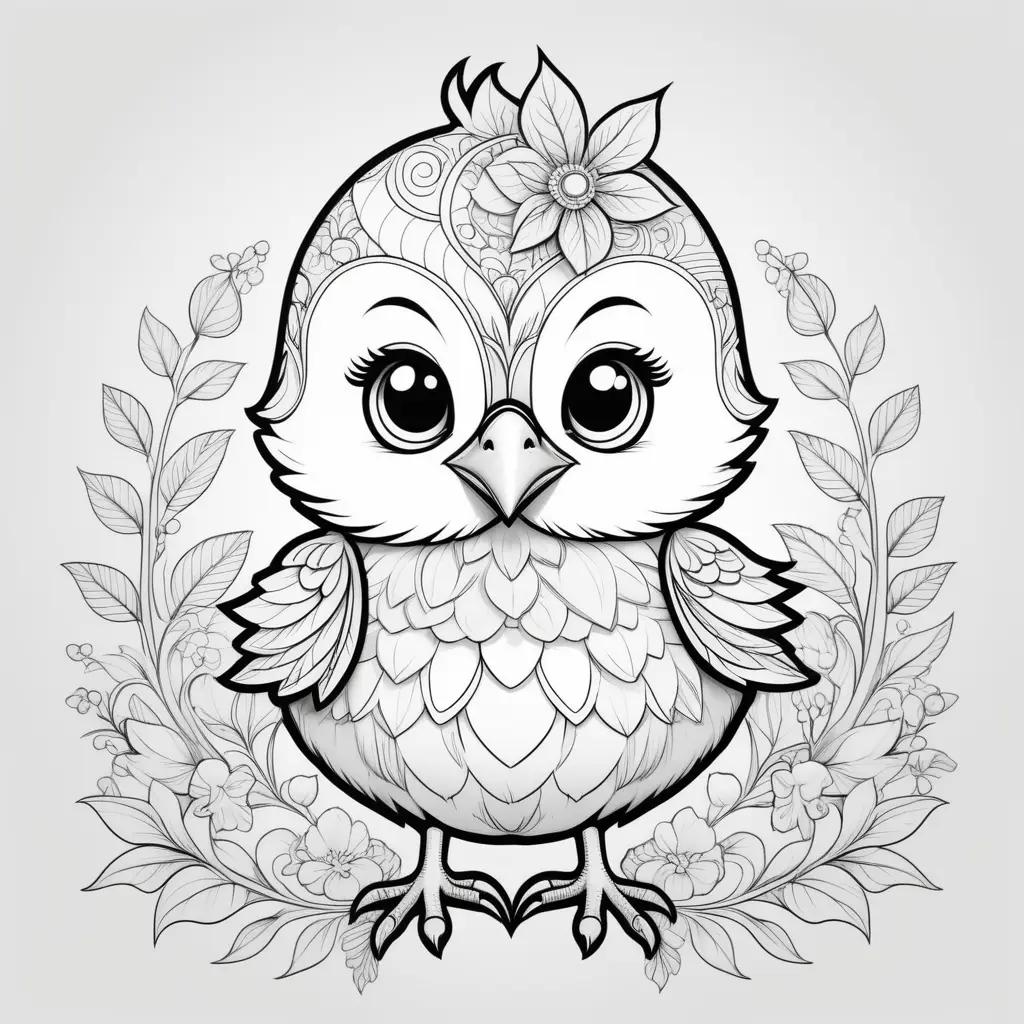 Colorful bird with floral wreath on coloring pages