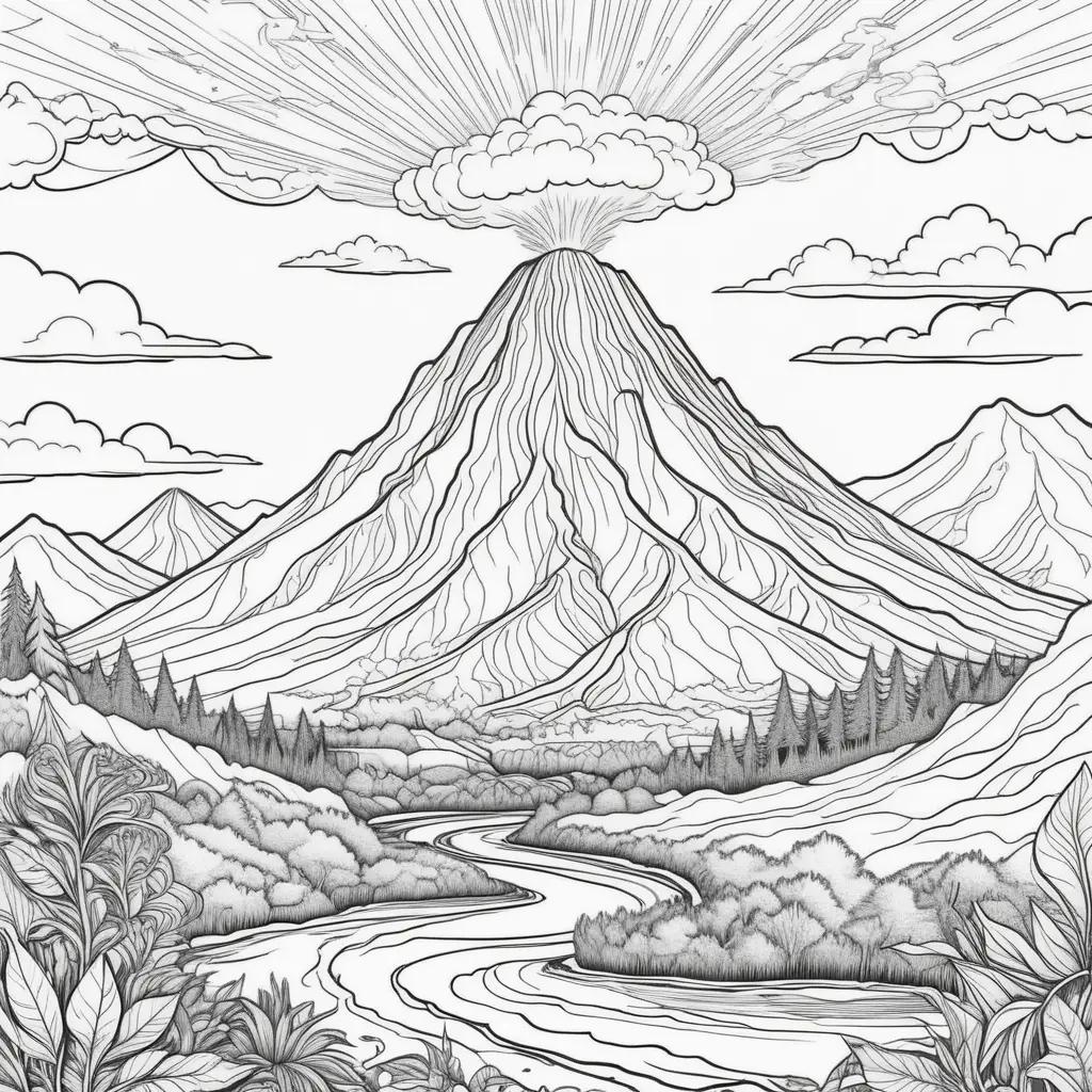 Colorful black and white drawing of a volcano and a river