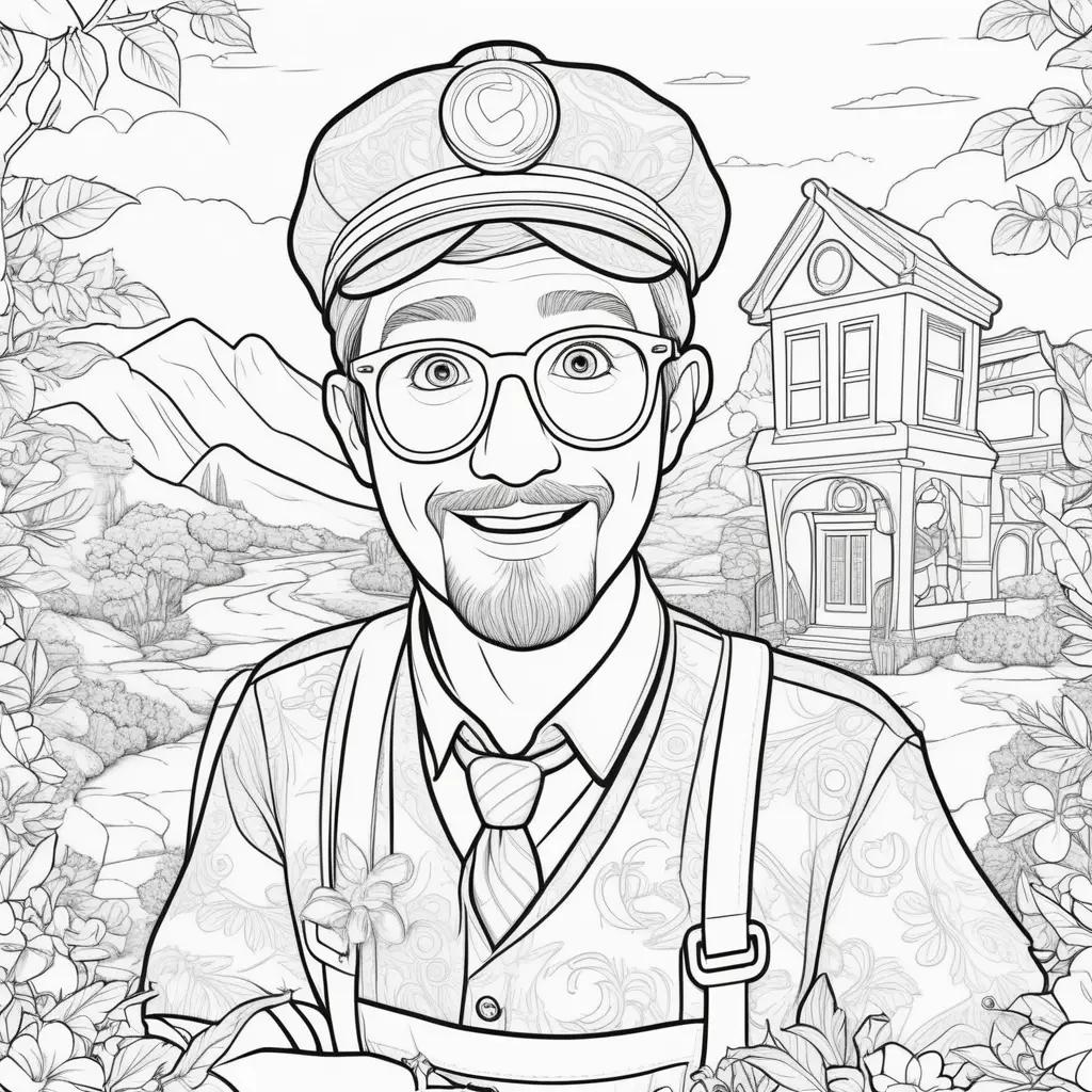 Colorful blippi coloring page with a man in a hat