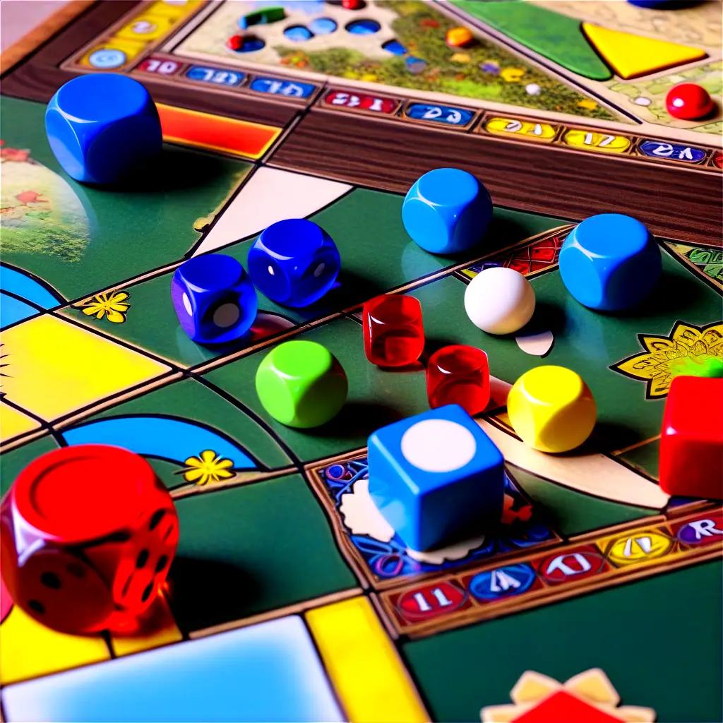 Colorful board game with colorful pieces and dice