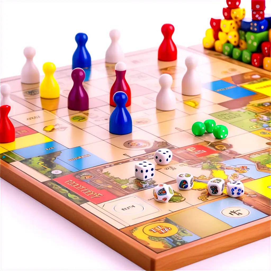 Colorful board game with pieces and dice