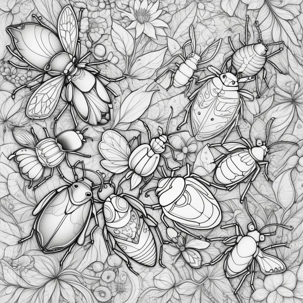 Colorful bugs against a floral background in a coloring page