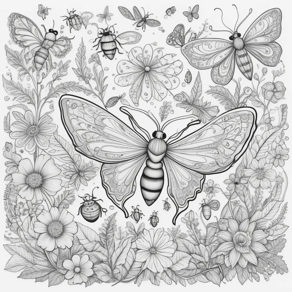 Colorful bugs and flowers in a black and white drawing