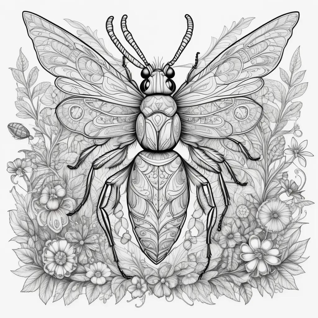 Colorful bugs and flowers on a black and white page