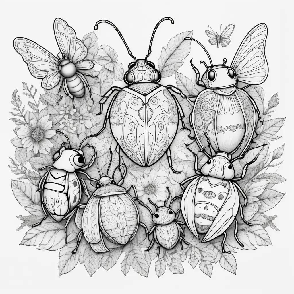 Colorful bugs coloring pages with butterflies and flowers