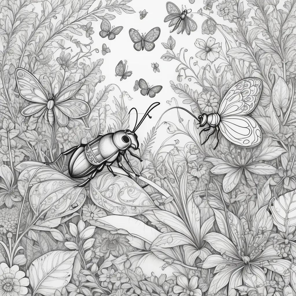 Colorful bugs in a floral garden coloring page