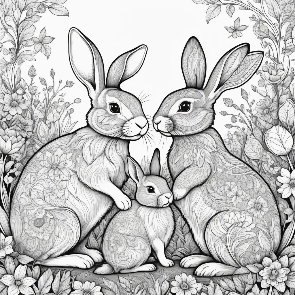 Colorful bunnies in black and white coloring pages