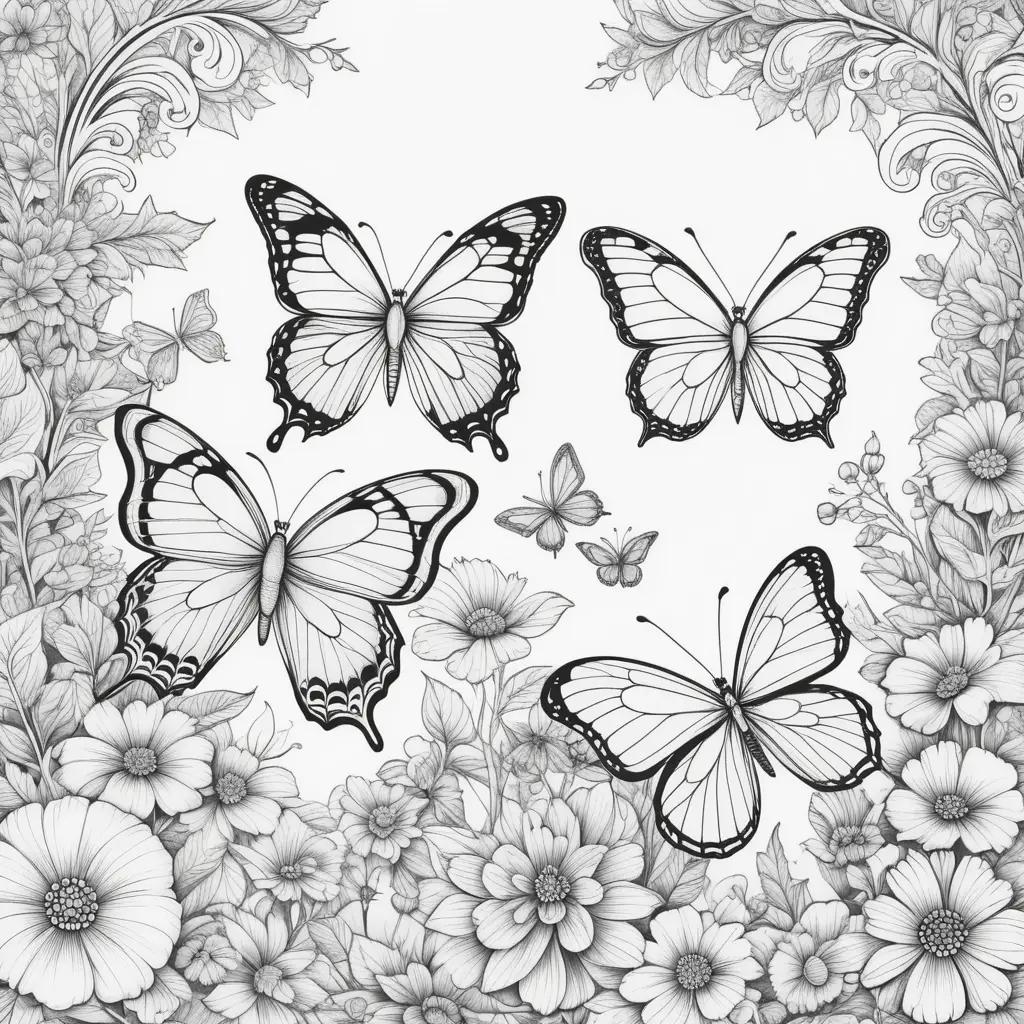 Colorful butterflies and flowers on black and white coloring pages