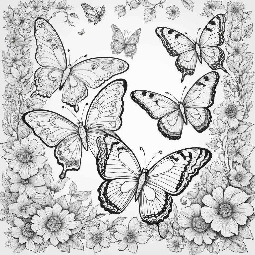 Colorful butterflies in black and white coloring pages