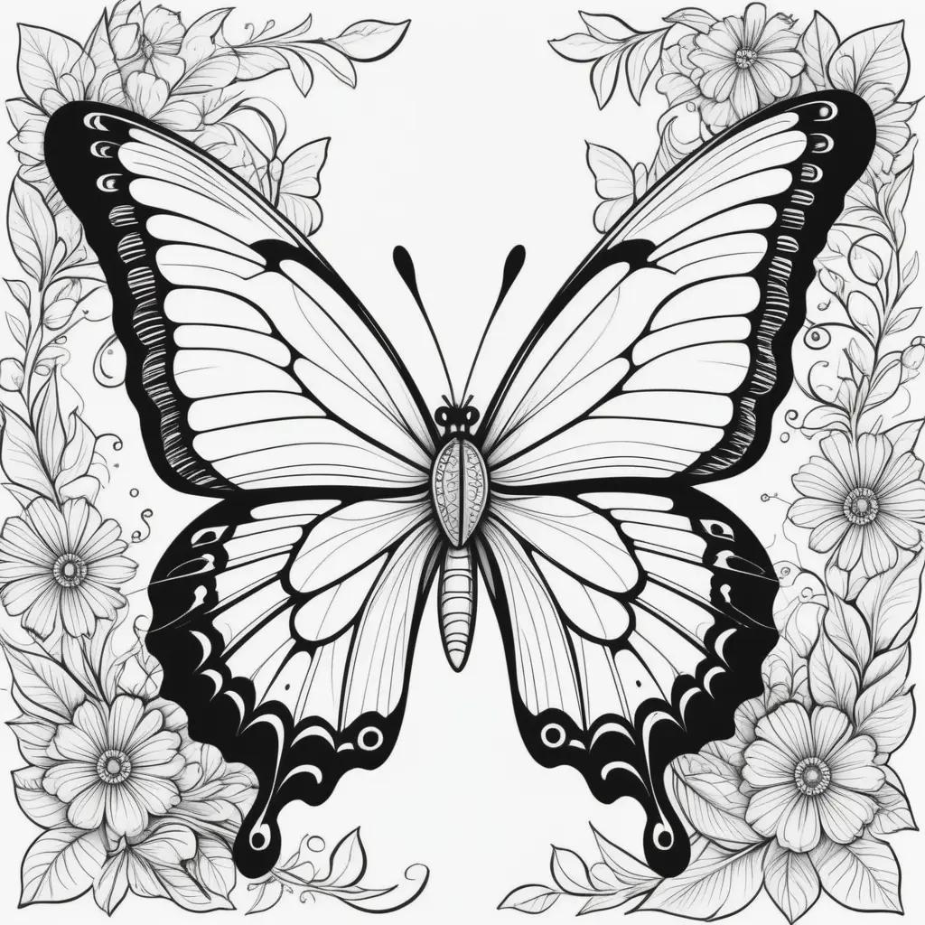 Colorful butterfly coloring page with black and white flowers