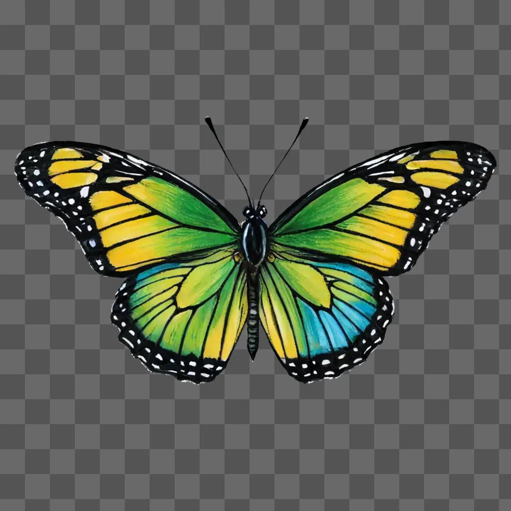 Colorful butterfly drawing on green background