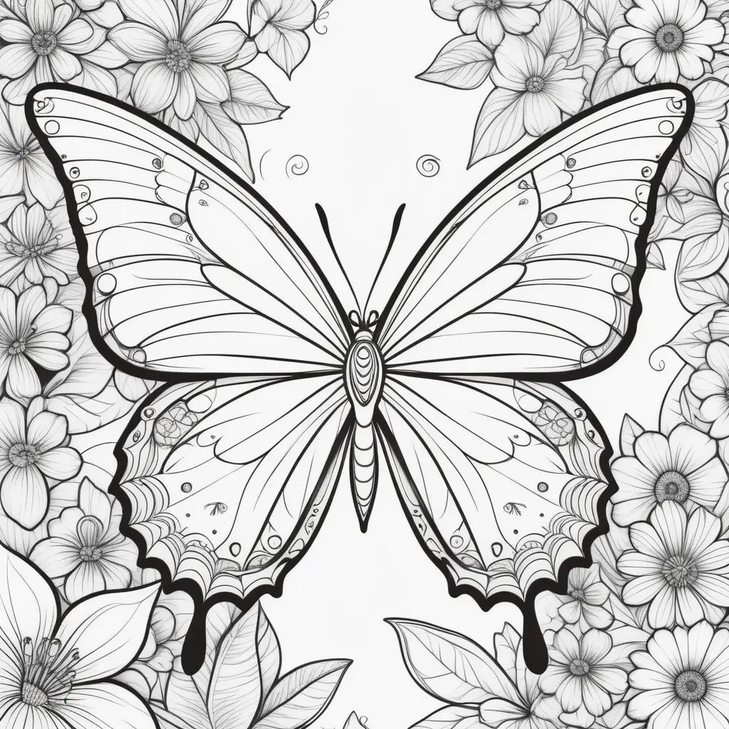 Colorful butterfly surrounded by flowers on free coloring pages