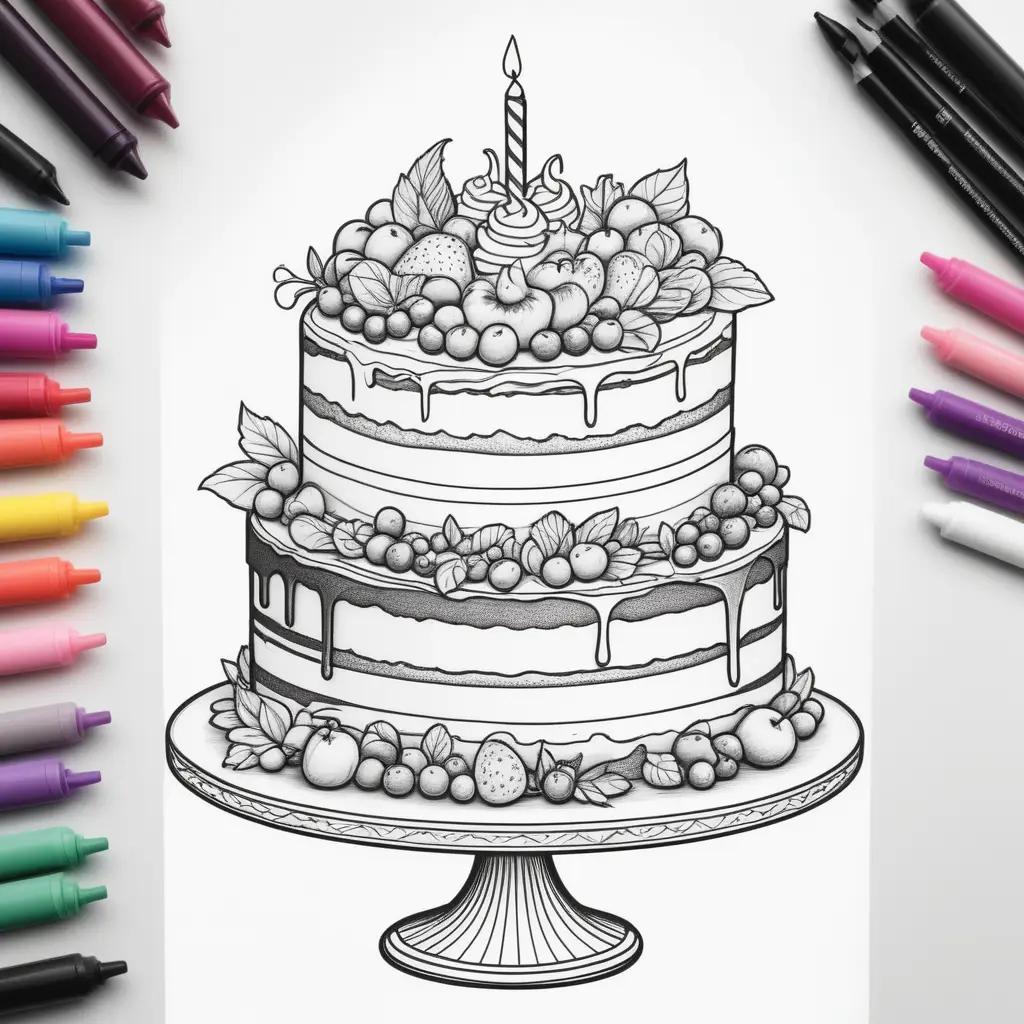 Colorful cake coloring page with fruit and candle