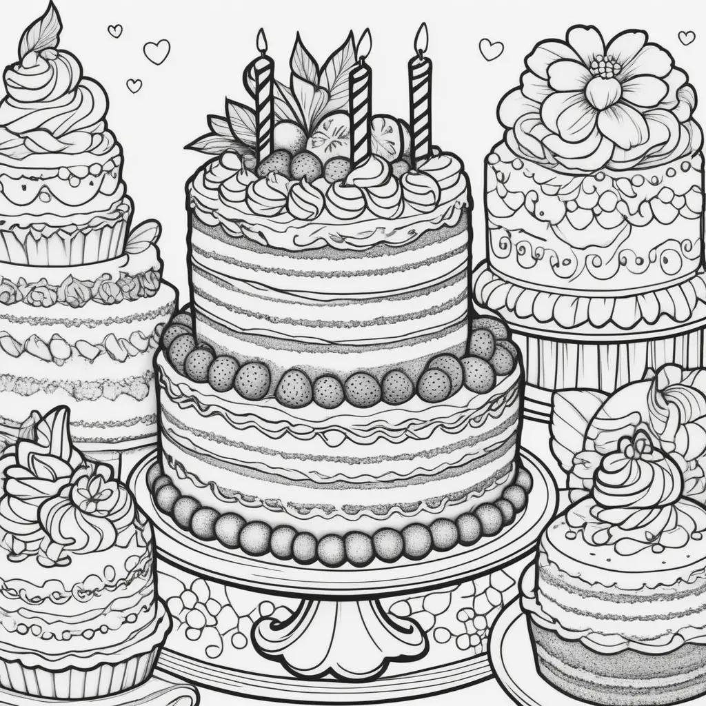 Colorful cake designs on coloring pages