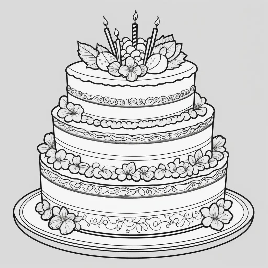 Colorful cake on a plate, black and white coloring pages