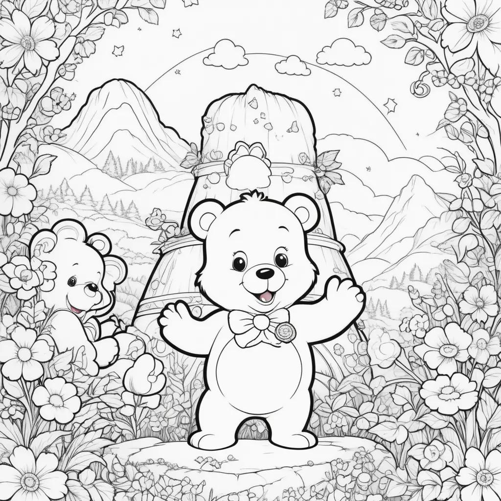 Colorful care bears coloring pages with flowers