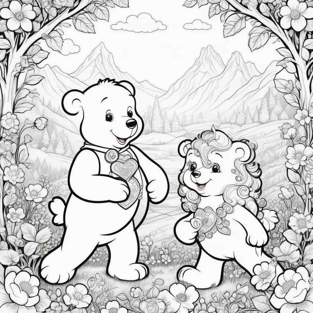 Colorful care bears in a floral scene