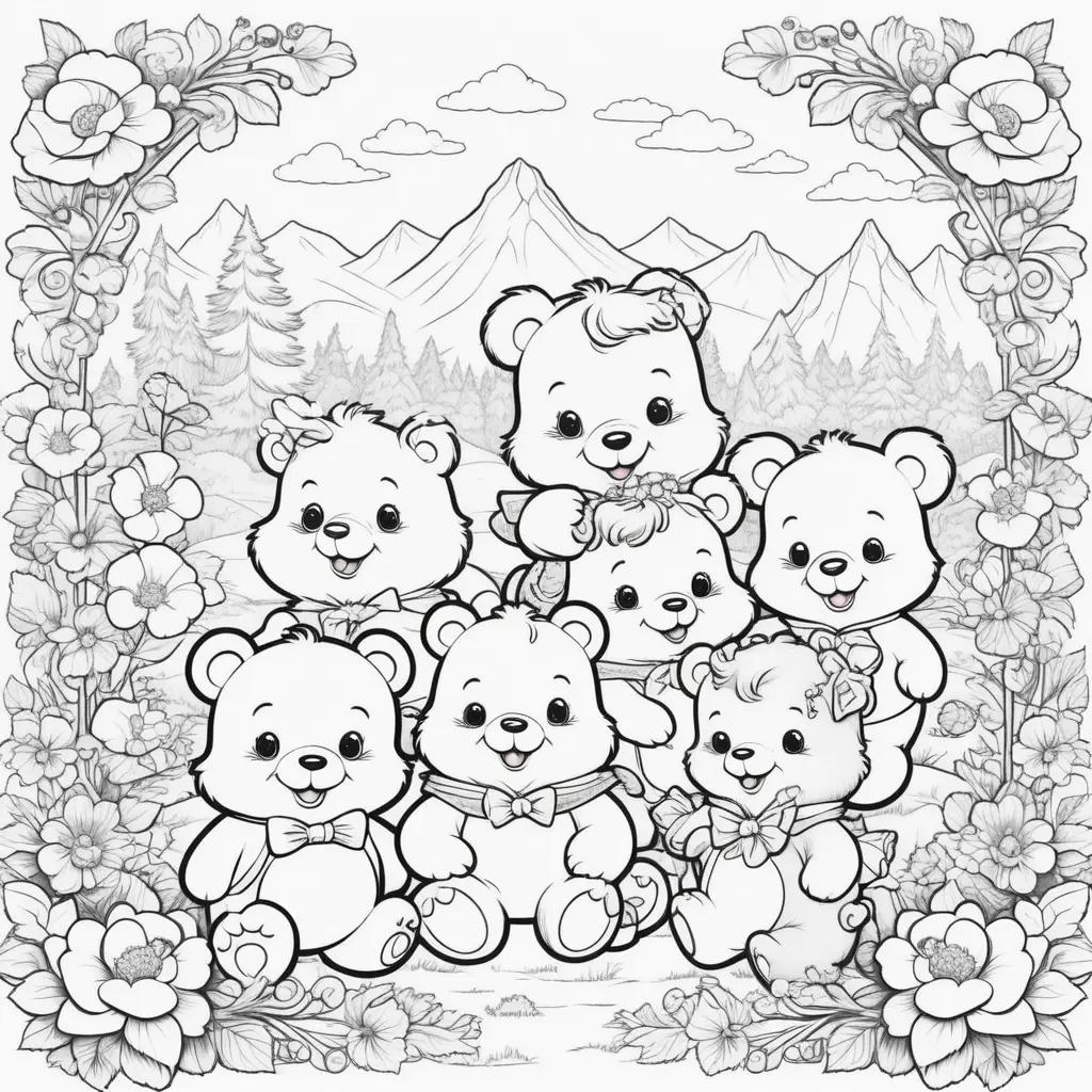 Colorful care bears in a forest coloring pages