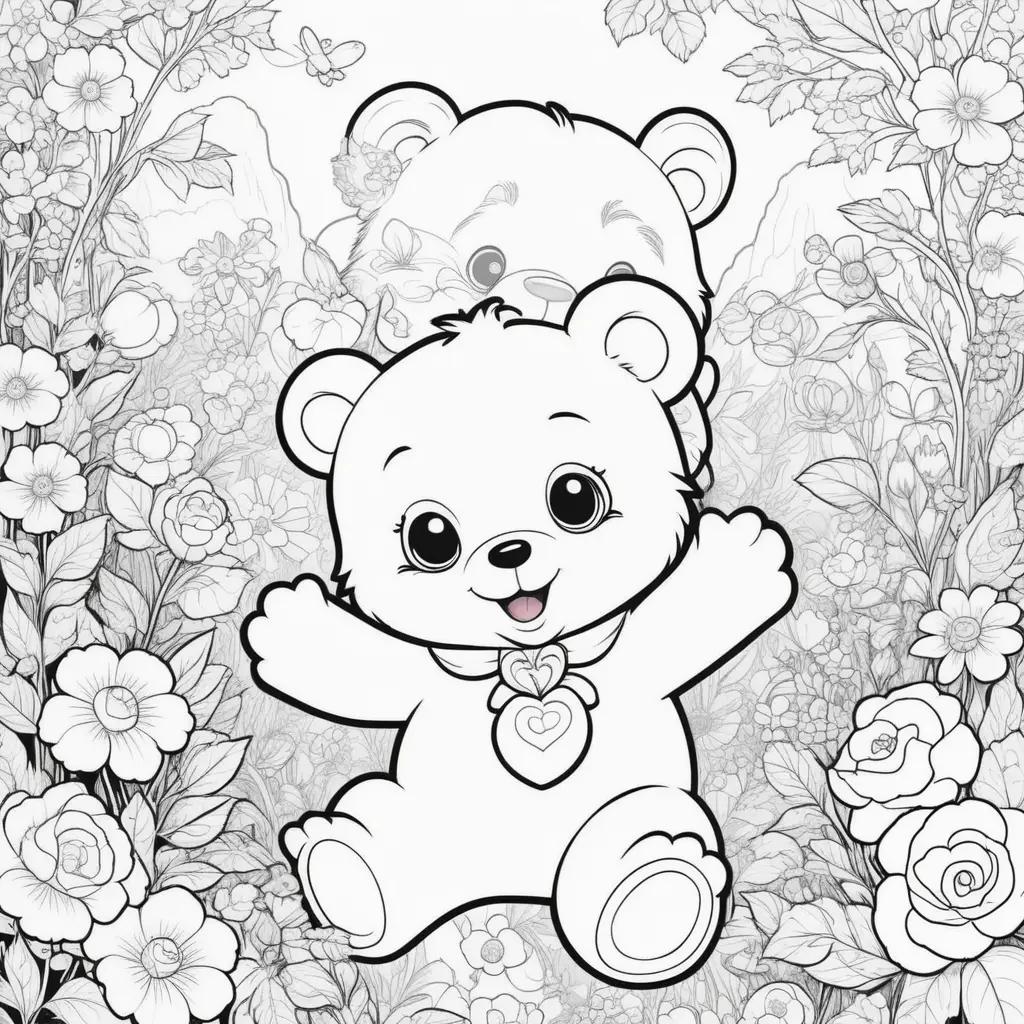 Colorful care bears in flower field