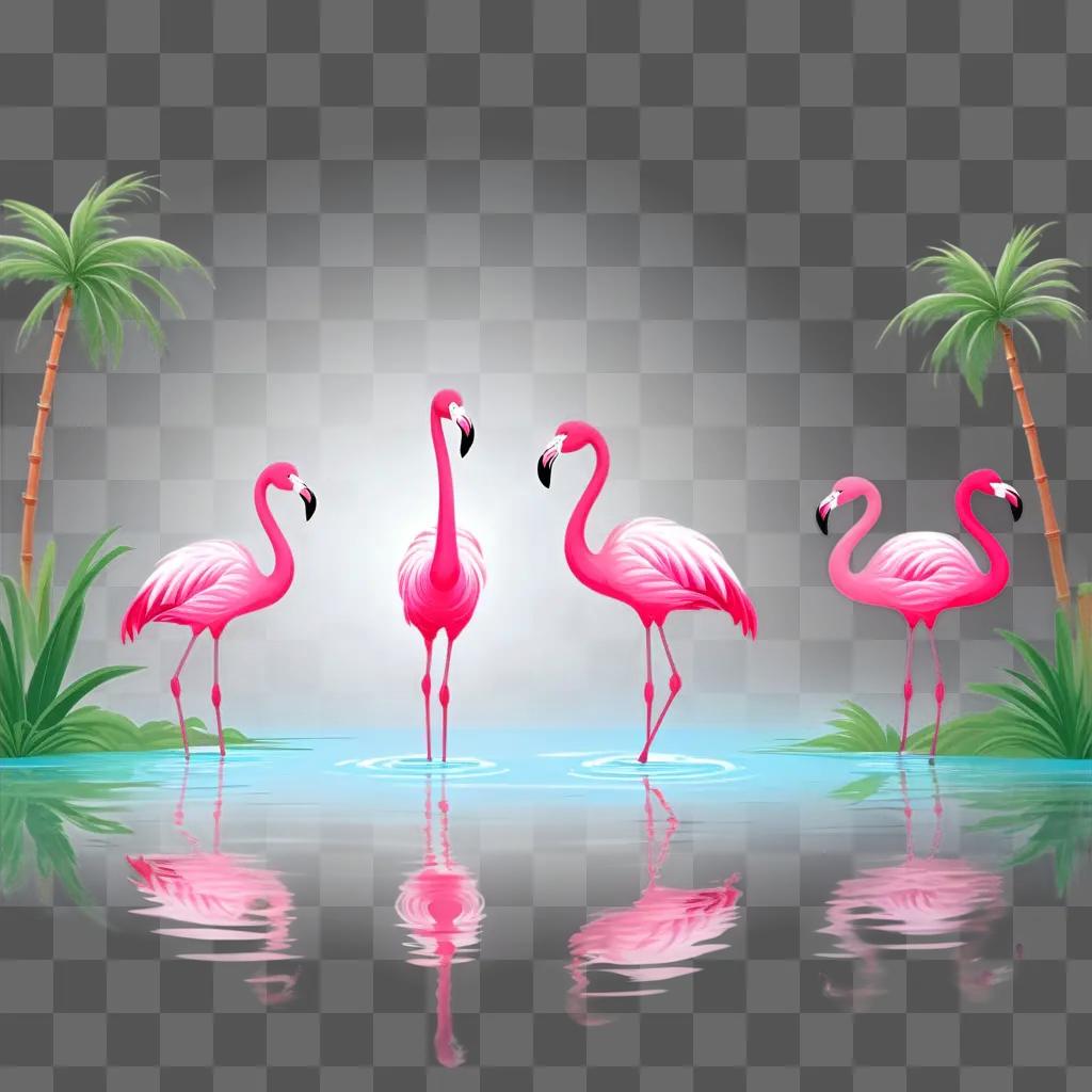 Colorful cartoon flamingos in water, palm trees and sky