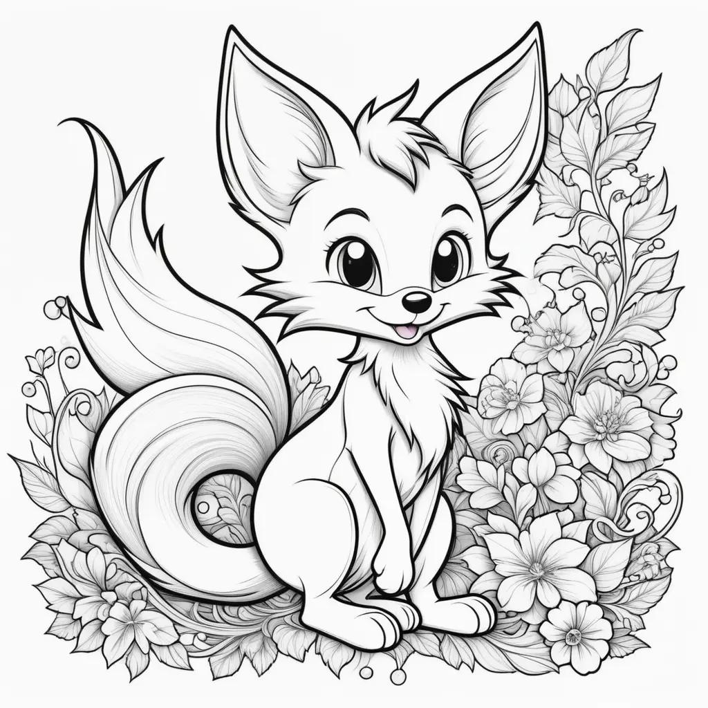 Colorful cartoon fox with long tails in a floral background