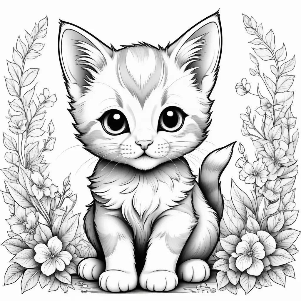 Colorful cartoon kitten with flowers