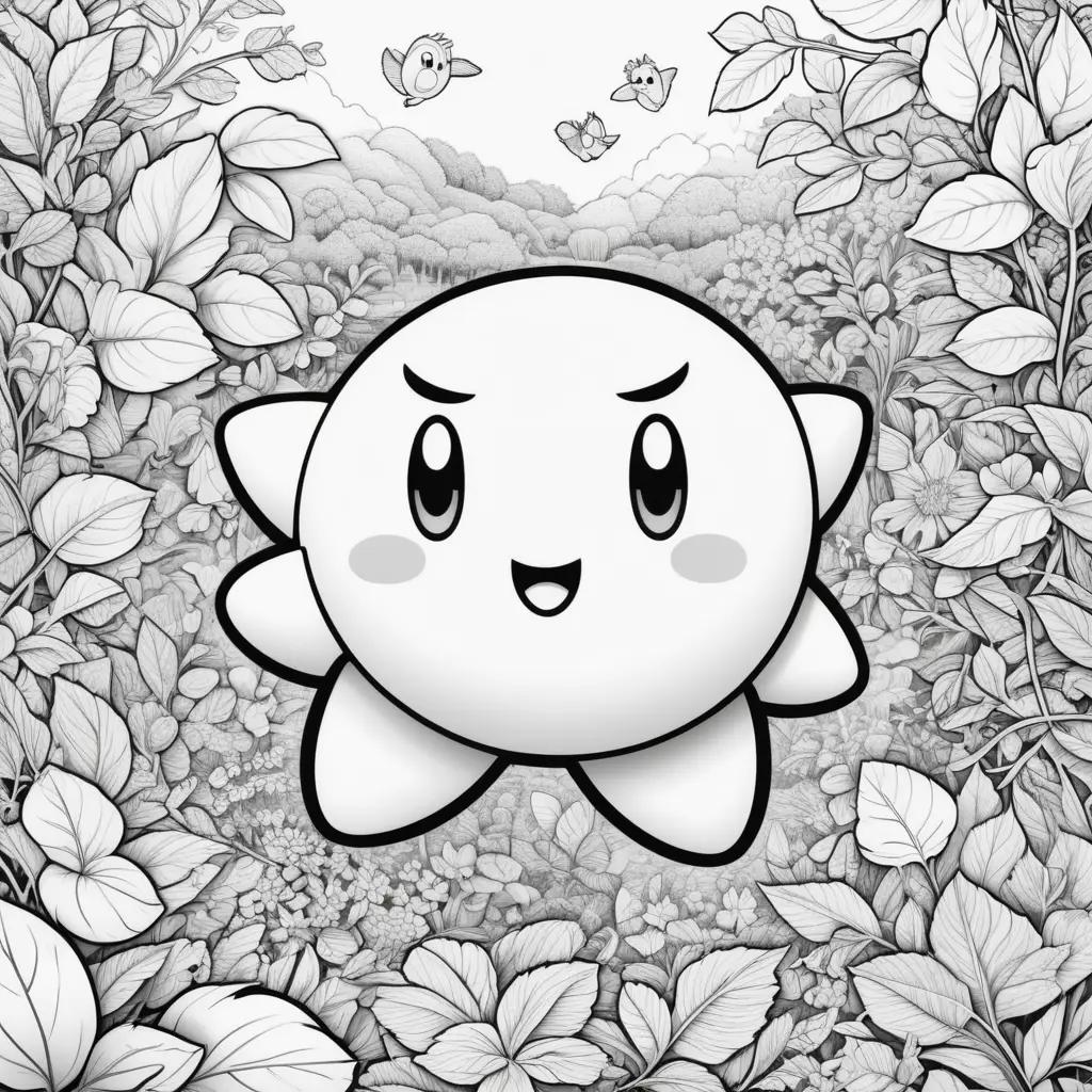 Colorful cartoon of Kirby surrounded by leaves and birds