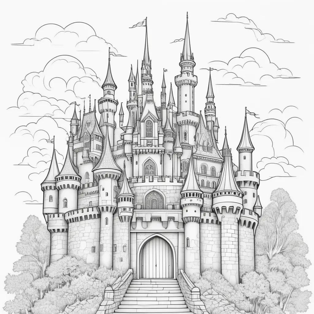 Colorful castle coloring page with stairs and trees