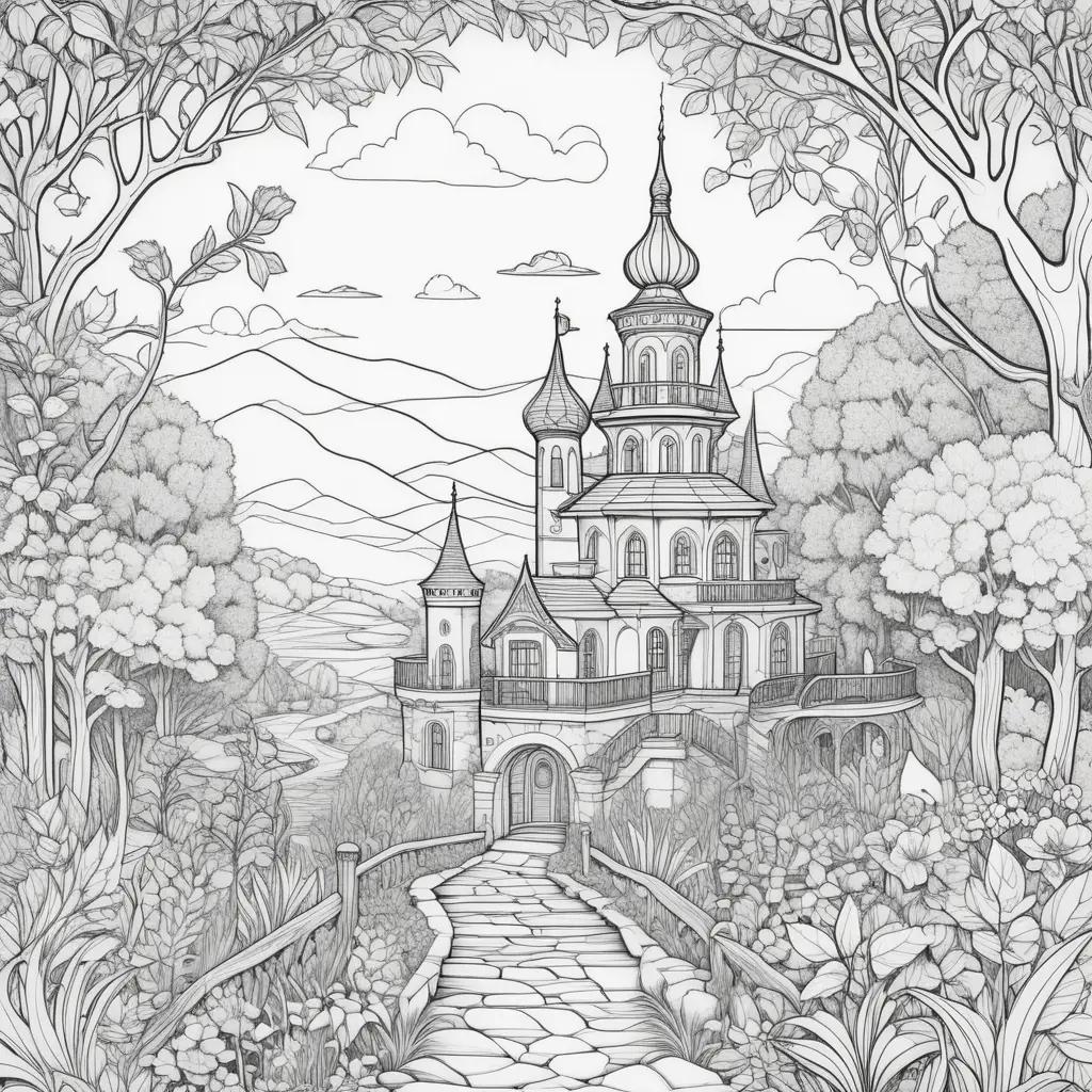 Colorful castle in the woods, free adult coloring pages