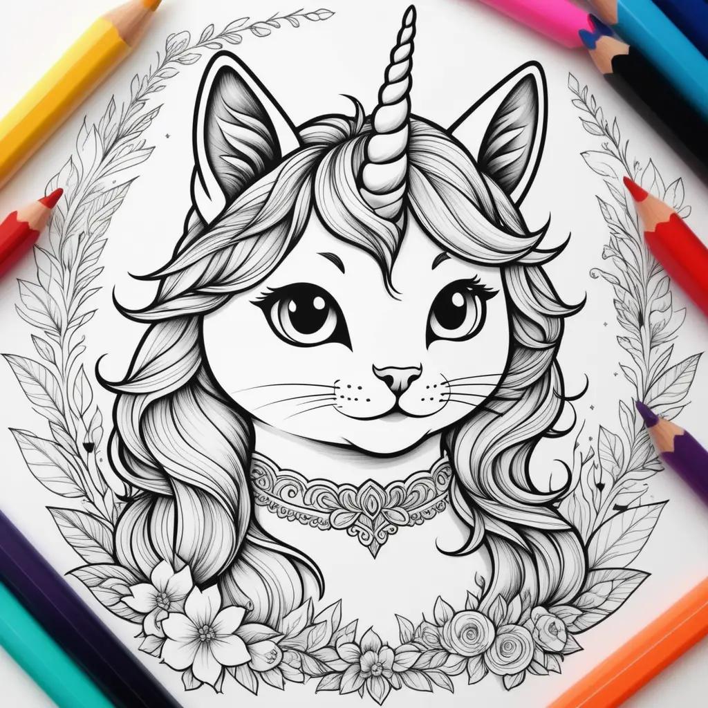 Colorful cat and unicorn in an artistic frame