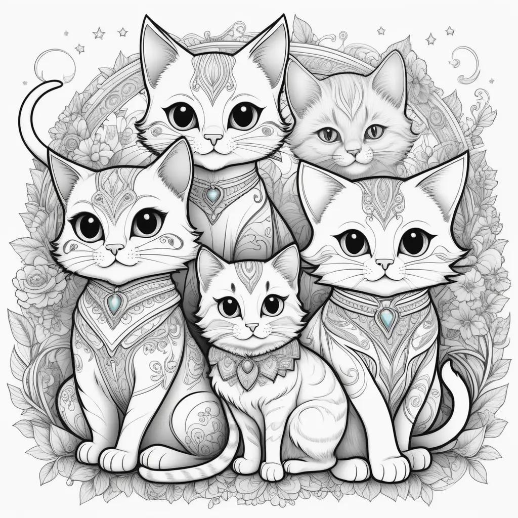 Colorful cat family on a floral background