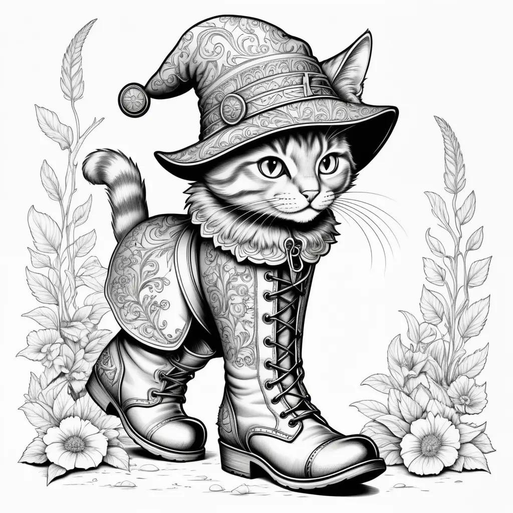 Colorful cat in boots on coloring pages